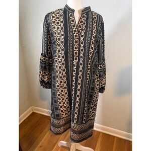 Sara Campbell Chain Print Shift Dress 6 Balloon Sleeve Made in USA Black Gold